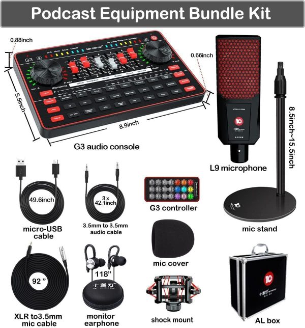 Podcast Microphone Sound Card Kit,Professional Studio Condenser Mic&G3 Live Sound Mixer/Voice Changer/Audio Interface/Audio Mixer for Streaming/Gaming/Recording/Singing/Tiktok/YouTube/PC/Computer