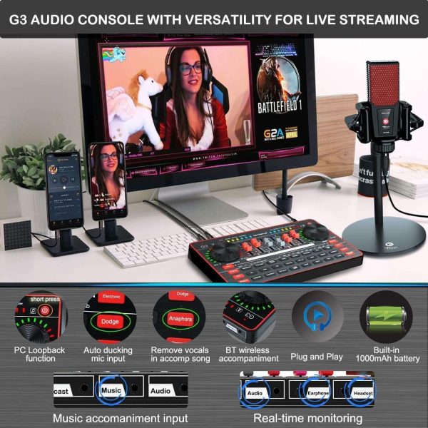 Podcast Microphone Sound Card Kit,Professional Studio Condenser Mic&G3 Live Sound Mixer/Voice Changer/Audio Interface/Audio Mixer for Streaming/Gaming/Recording/Singing/Tiktok/YouTube/PC/Computer