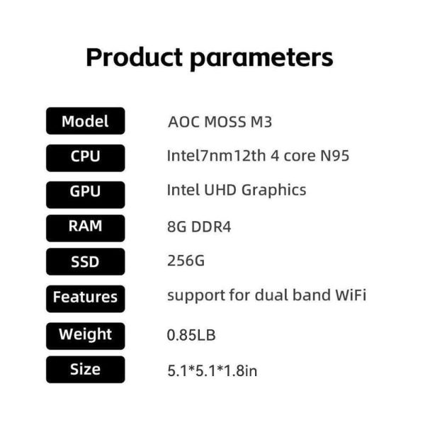 AOC Mini PC MOSS M3 Mini Computer Mini PC Barebone System Intel N95 Processor up to 3.4GHz with Graphics 8GB DDR4 256GB SSD Dual Frequency Wi-Fi 5.1*5.1*1.8 Inch 0.85 Pound Home Office Work Business