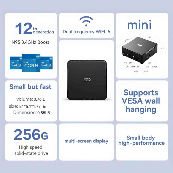 AOC Mini PC MOSS M3 Mini Computer Mini PC Barebone System Intel N95 Processor up to 3.4GHz with Graphics 8GB DDR4 256GB SSD Dual Frequency Wi-Fi 5.1*5.1*1.8 Inch 0.85 Pound Home Office Work Business